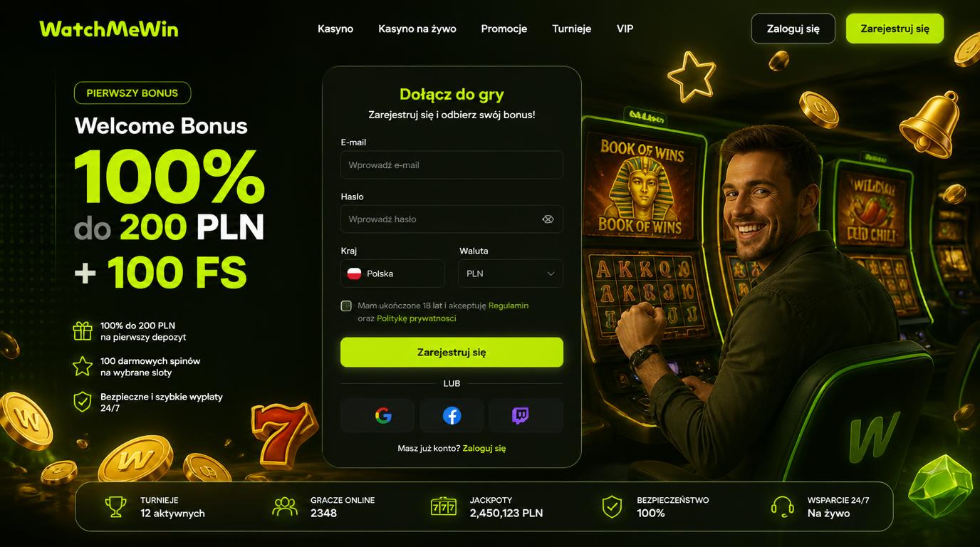 ekran kasyna z promocja powitalna „100% do 200 PLN + 100 FS” na tle automatow i grafik hazardowych