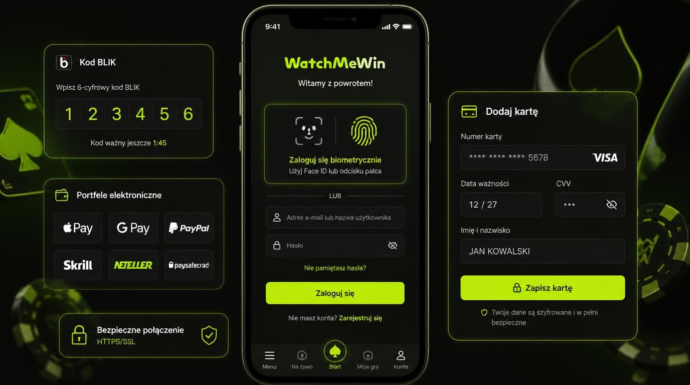 Mobilny ekran płatności z logowaniem biometrycznym i metodami typu BLIK, karta, e-portfel