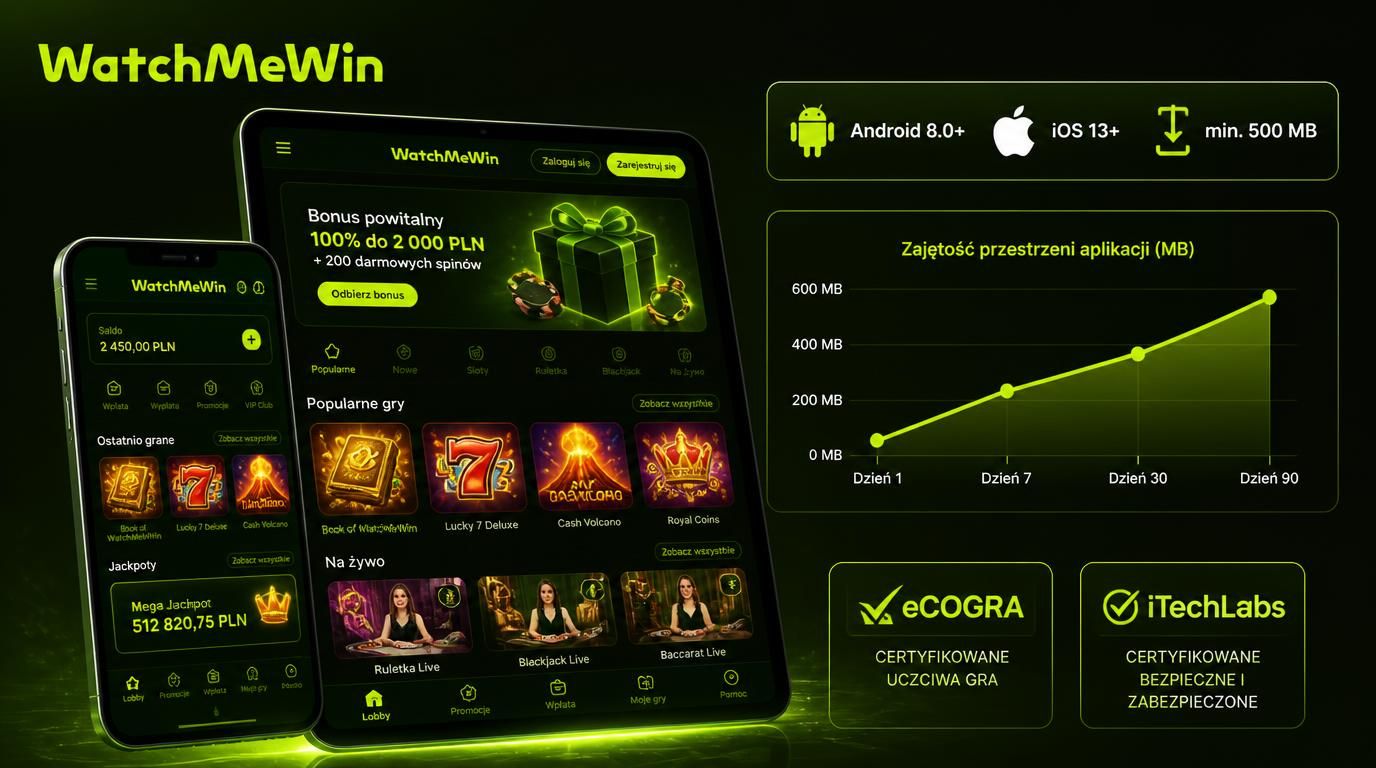 Mobi­lane wymagania: Android 8.0+, iOS 13+, wolne miejsce ≈500 MB, certyfikaty eCOGRA / iTechLabs na ekranie