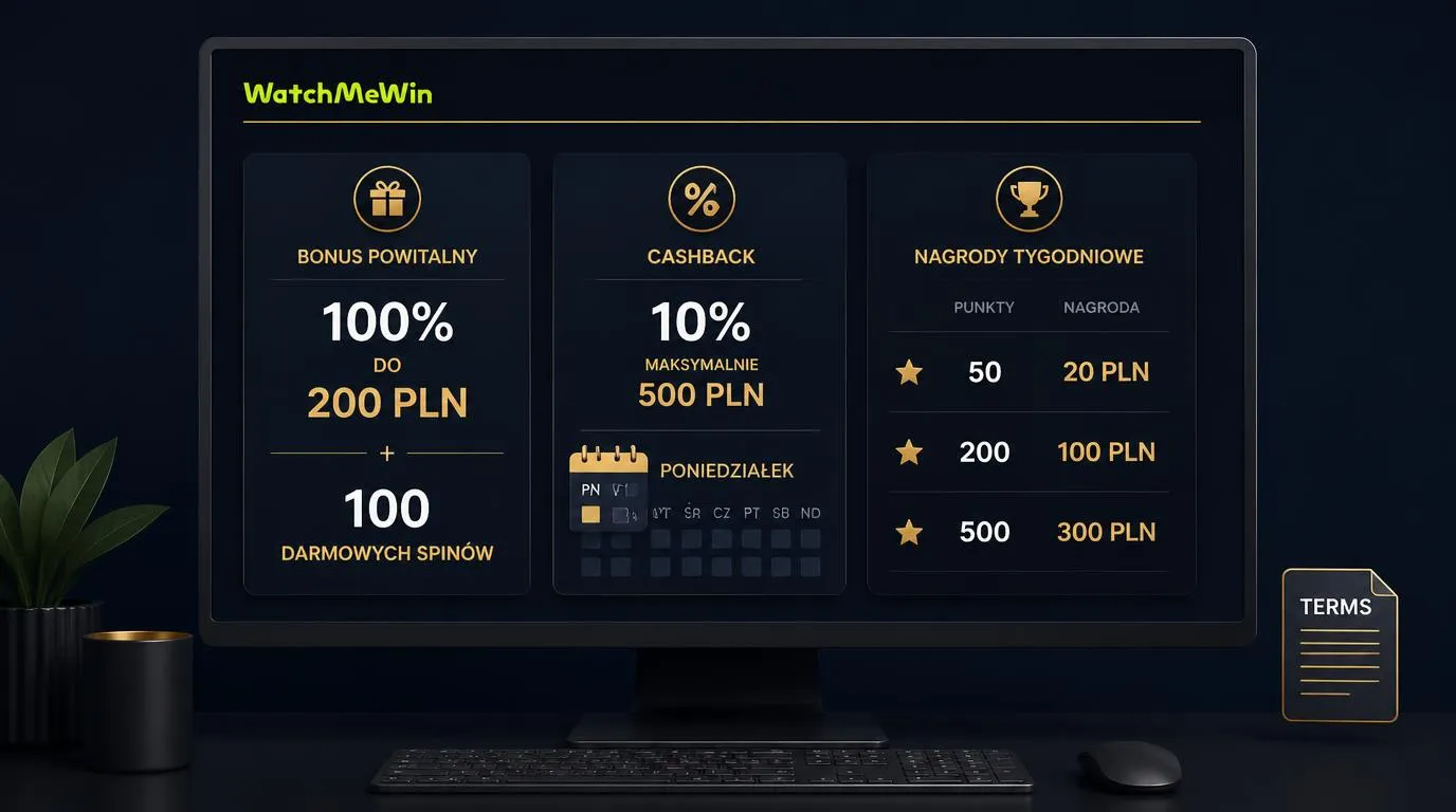 Panel promocji kasynowych z bonusem powitalnym, cashbackiem i trzema progami nagród tygodniowych w PLN