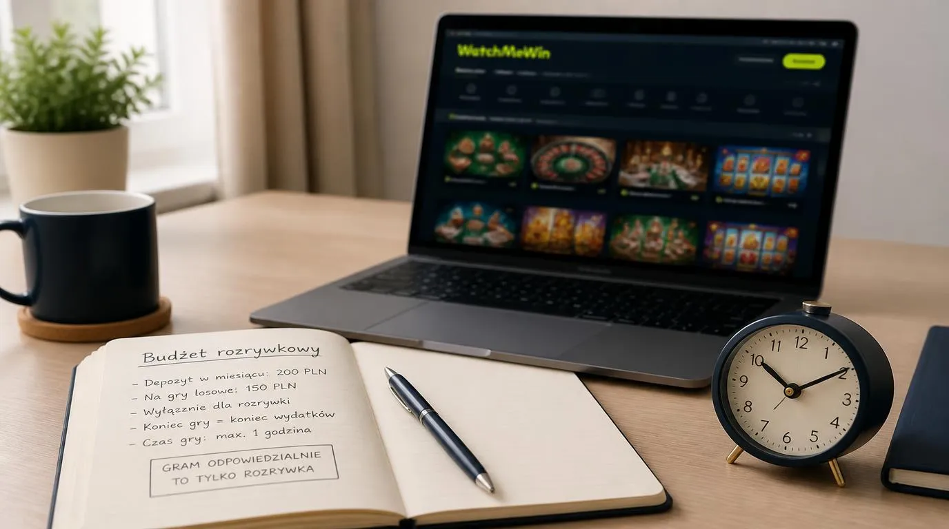 Notes z budżetem rozrywkowym i zegarek obok laptopa z neutralnym ekranem kasyna